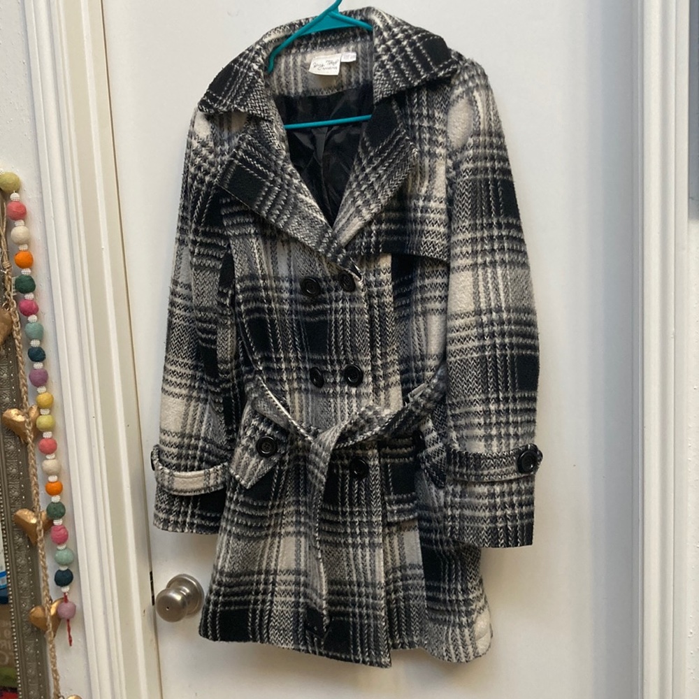 Plaid B/W Double Breastfed Car Coat Sz L - Picture 1 of 11